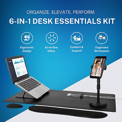 INTEMPO Studio 6 in 1 Set (Desk Mat, Laptop Riser, Cable Tidy, 2 Wrist Support & Phone Holder) - Black