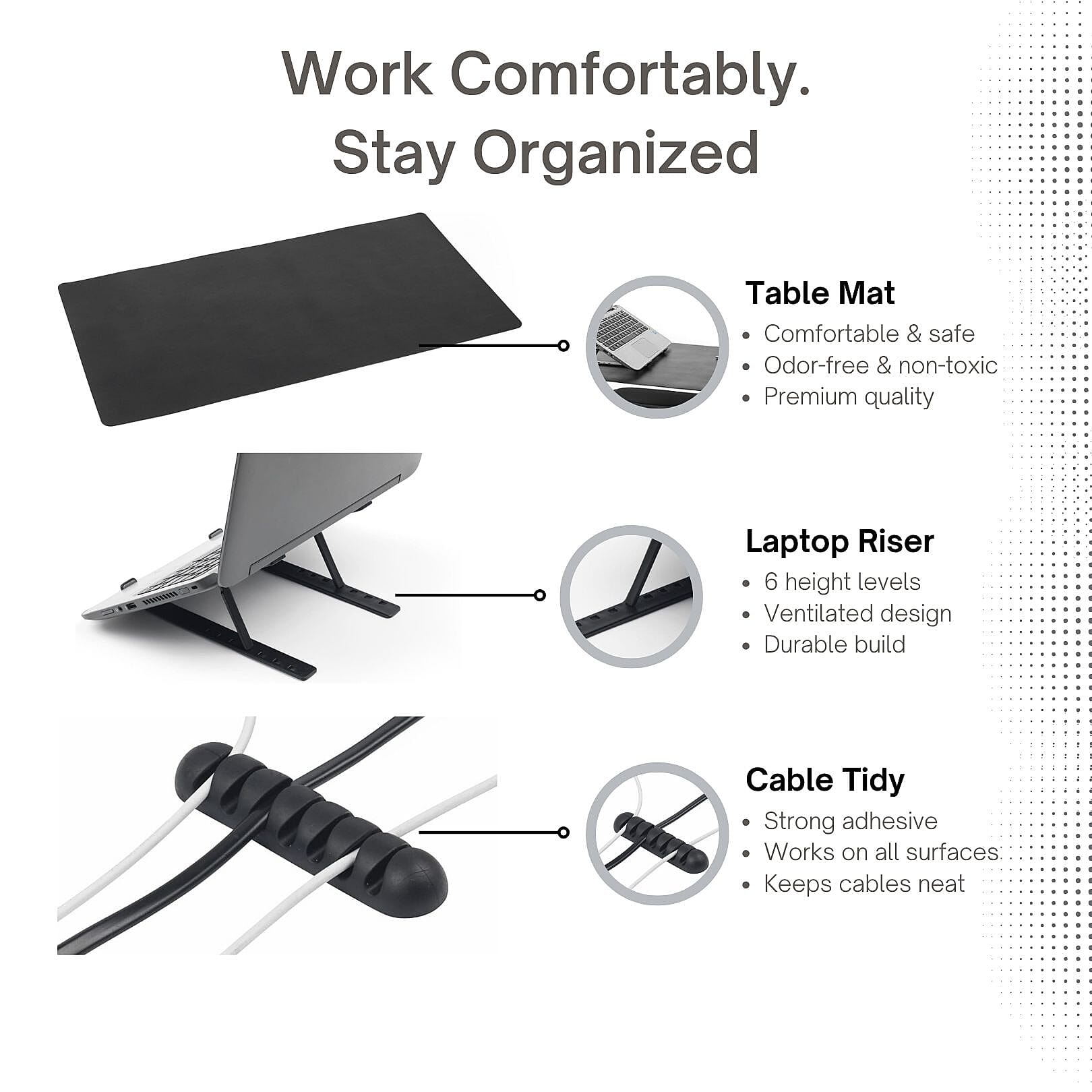 New Collection- INTEMPO Studio 6 in 1 Set (Desk Mat, Laptop Riser Cable Tidy, 2 Wrist Support - Phone Holder) - Black New Collection- INTEMPO Studio 6 in 1 Set (Desk Mat, Laptop Riser Cable Tidy, 2 Wrist Support - Phone Holder) - Black