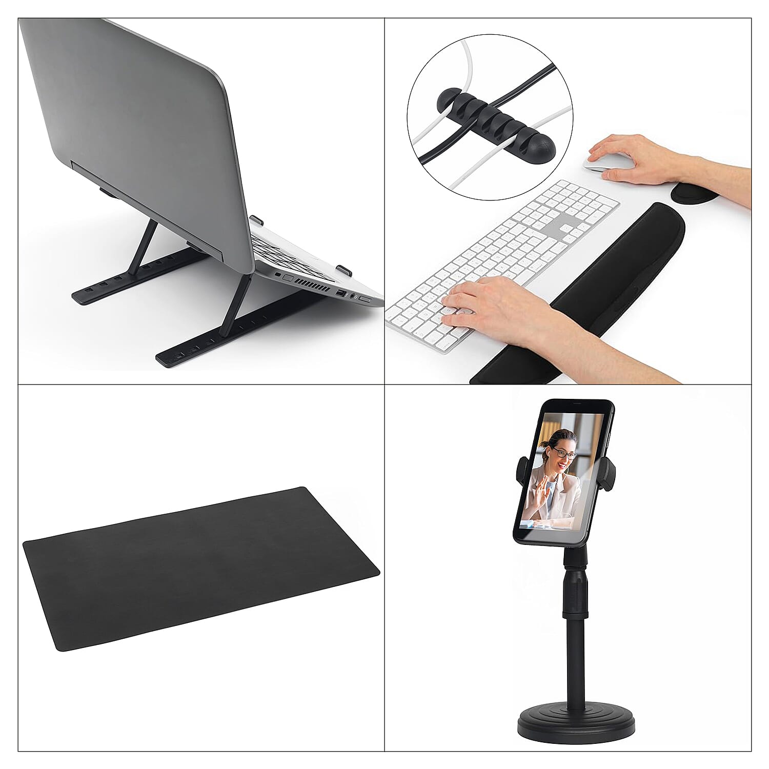 New Collection- INTEMPO Studio 6 in 1 Set (Desk Mat, Laptop Riser Cable Tidy, 2 Wrist Support - Phone Holder) - Black New Collection- INTEMPO Studio 6 in 1 Set (Desk Mat, Laptop Riser Cable Tidy, 2 Wrist Support - Phone Holder) - Black