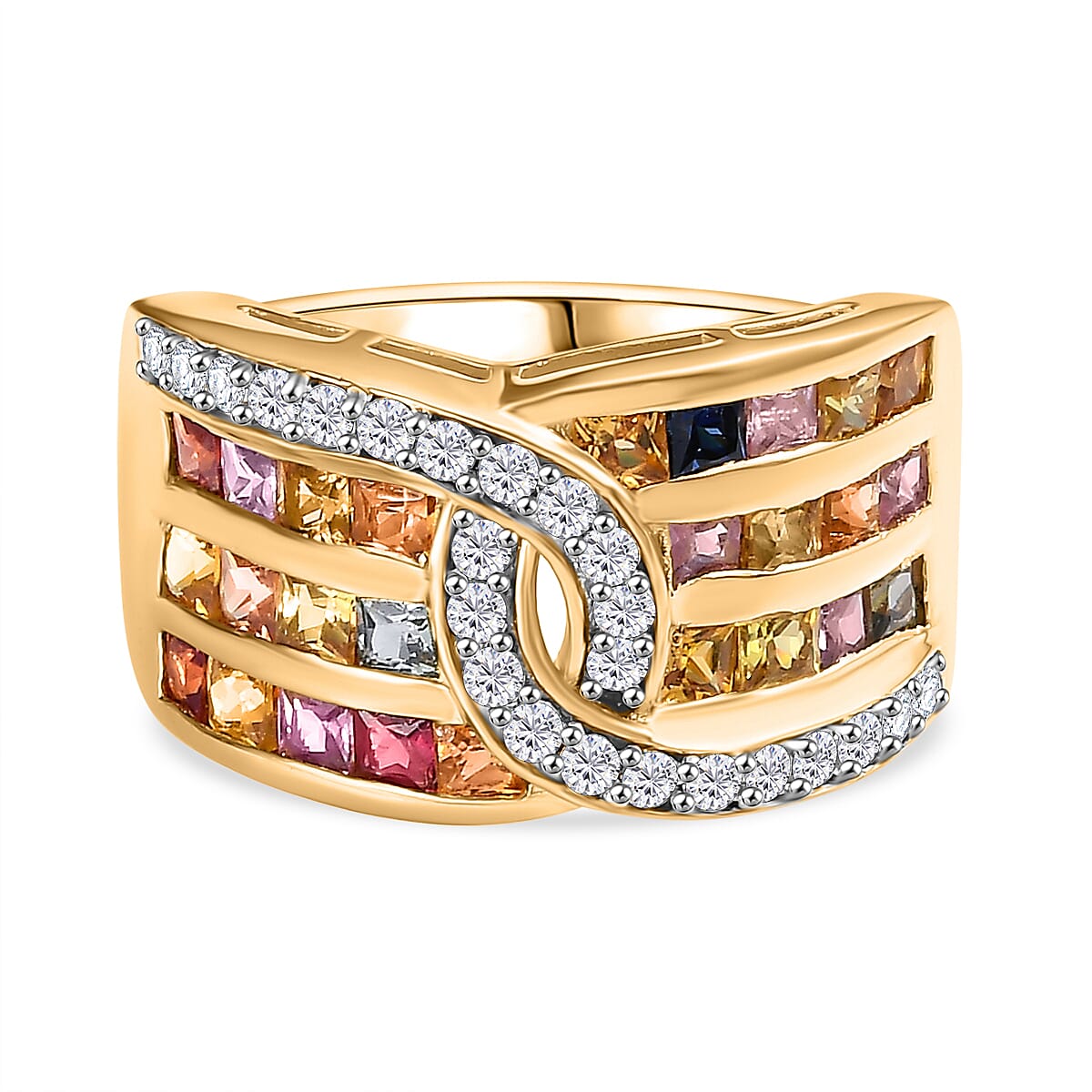 Multi Sapphire & Natural Zircon Ring in 18K Vermeil Yellow Gold Plated Sterling Silver 2.59 Ct. Multi Sapphire & Natural Zircon Ring in 18K Vermeil Yellow Gold Plated Sterling Silver 2.59 Ct.