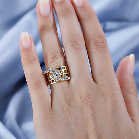 Multi Sapphire & Natural Zircon Ring in 18K Vermeil Yellow Gold Plated Sterling Silver 2.59 Ct.