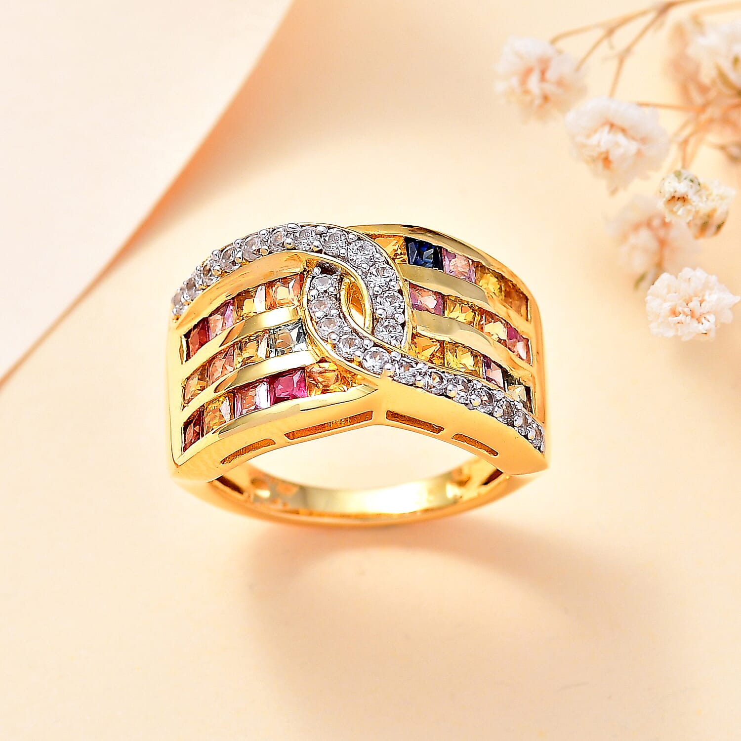 Rainbow Sapphire and Natural Zircon Ring in 18K Yellow Gold Vermeil Plated Sterling Silver 2.60 Ct