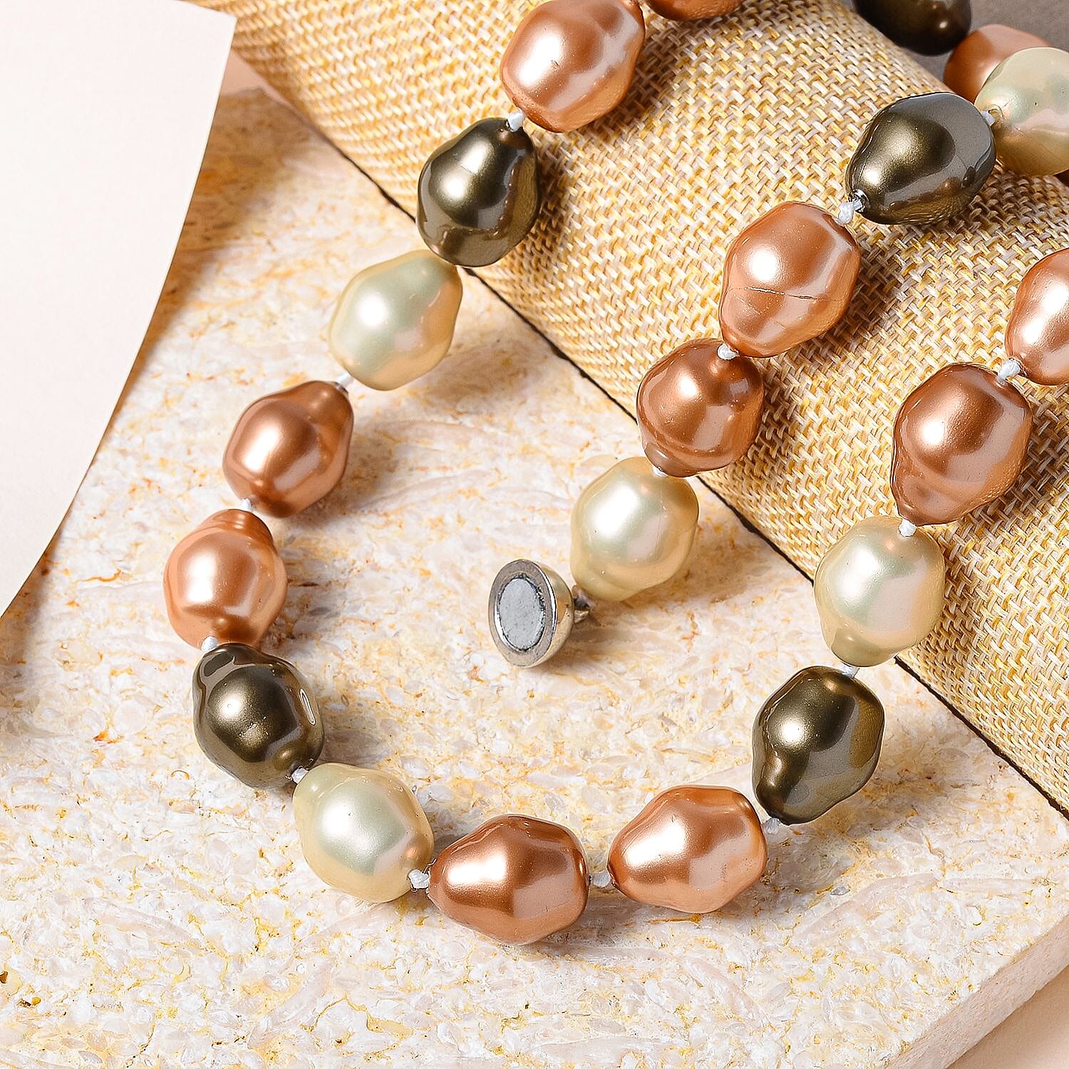 Multi Colour Baroque Shell Pearl Necklace (Size - 20) in Rhodium Overlay Sterling Silver With Magnetic Clasp