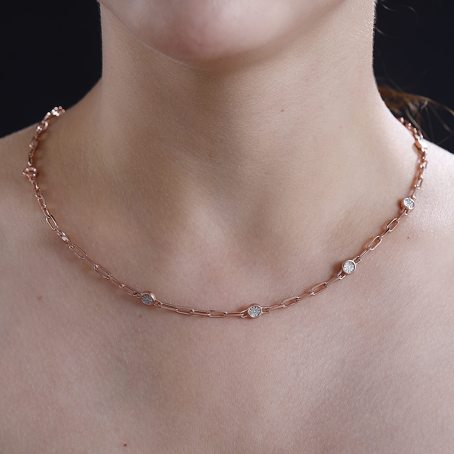 Designer Inspired- Diamond Station Necklace With Lobaster Clasp in Rose Gold Plating (Size - 18)