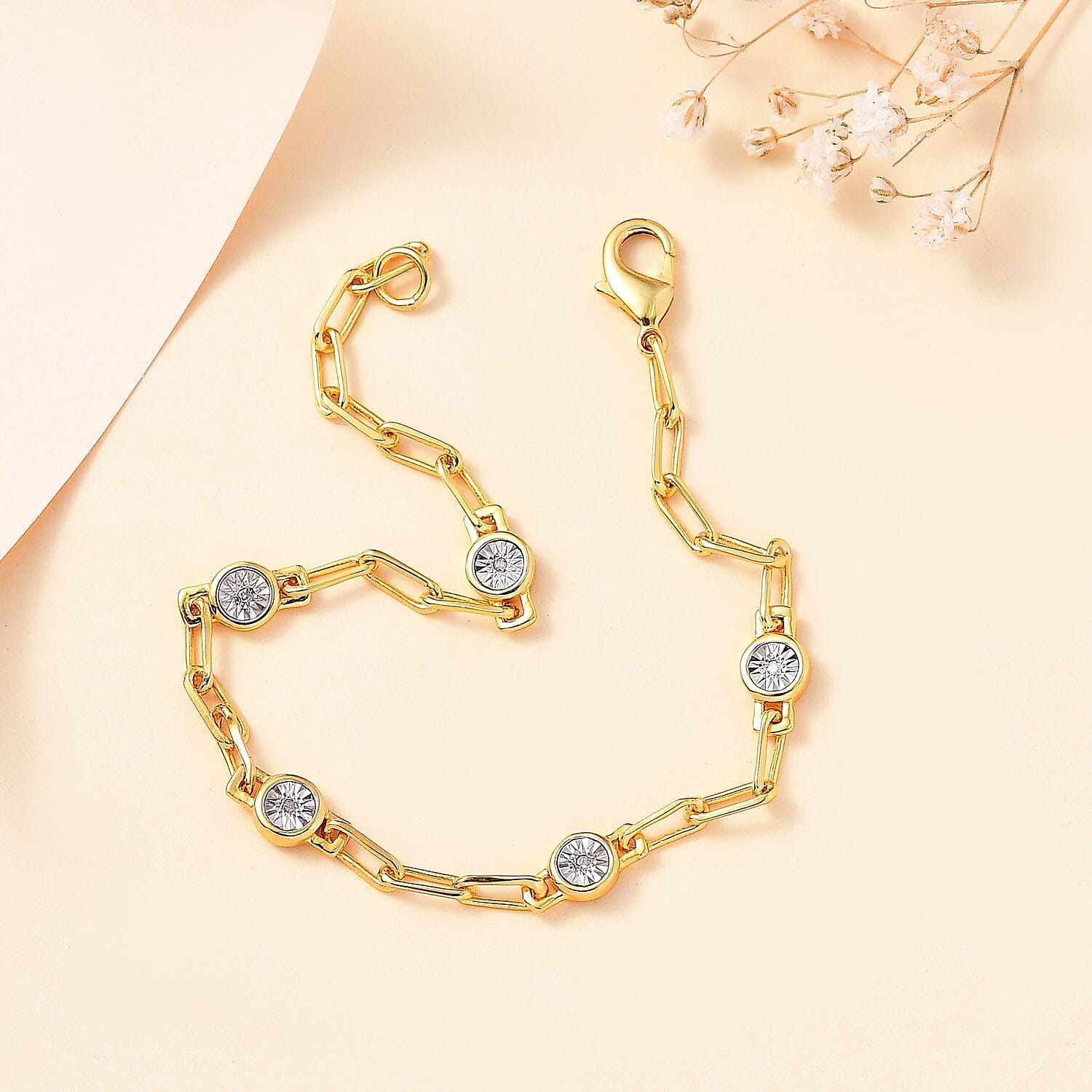 Designer Inspired - Diamond Station Bracelet With Lobaster Clasp Yellow Gold Plated (Size - 7.5)