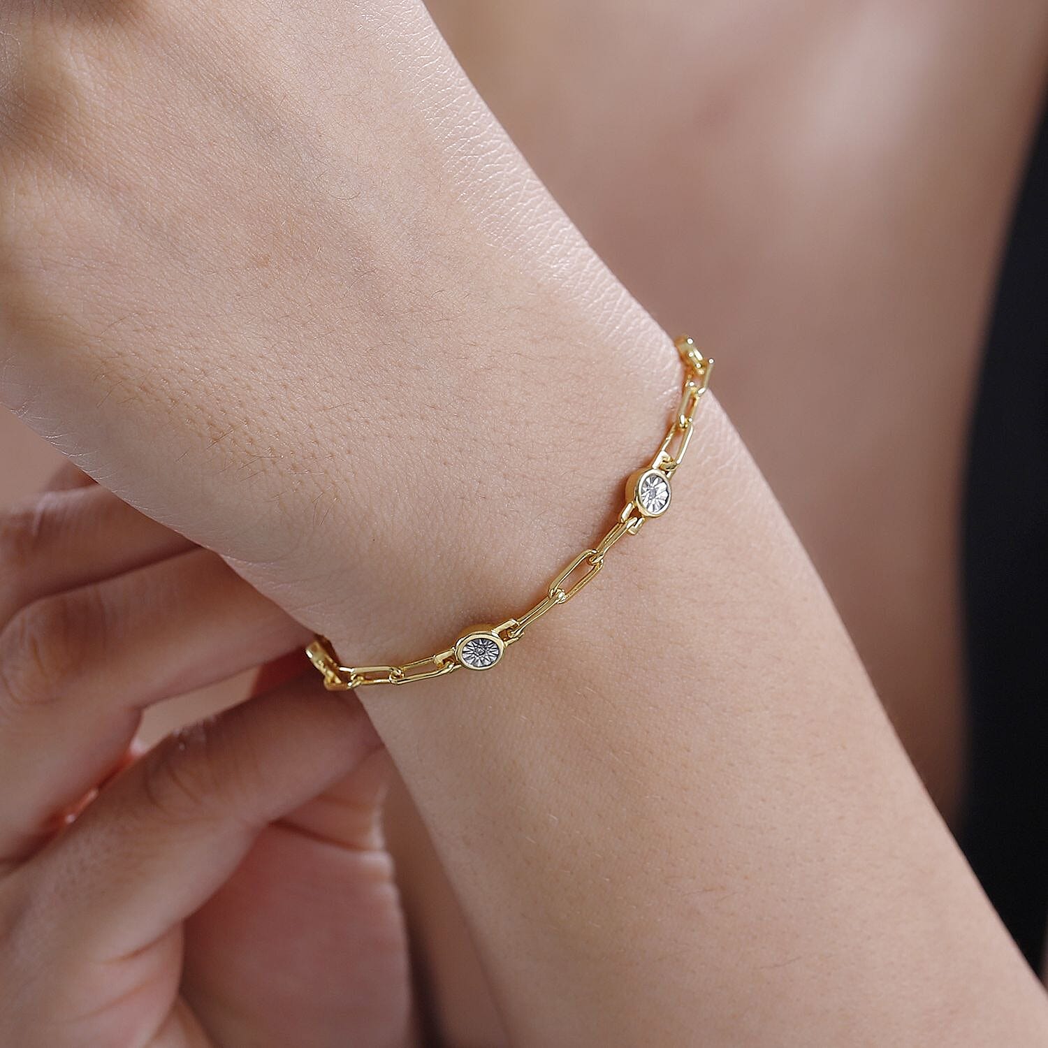 Designer Inspired - Diamond Station Bracelet With Lobaster Clasp Yellow Gold Plated (Size - 7.5)