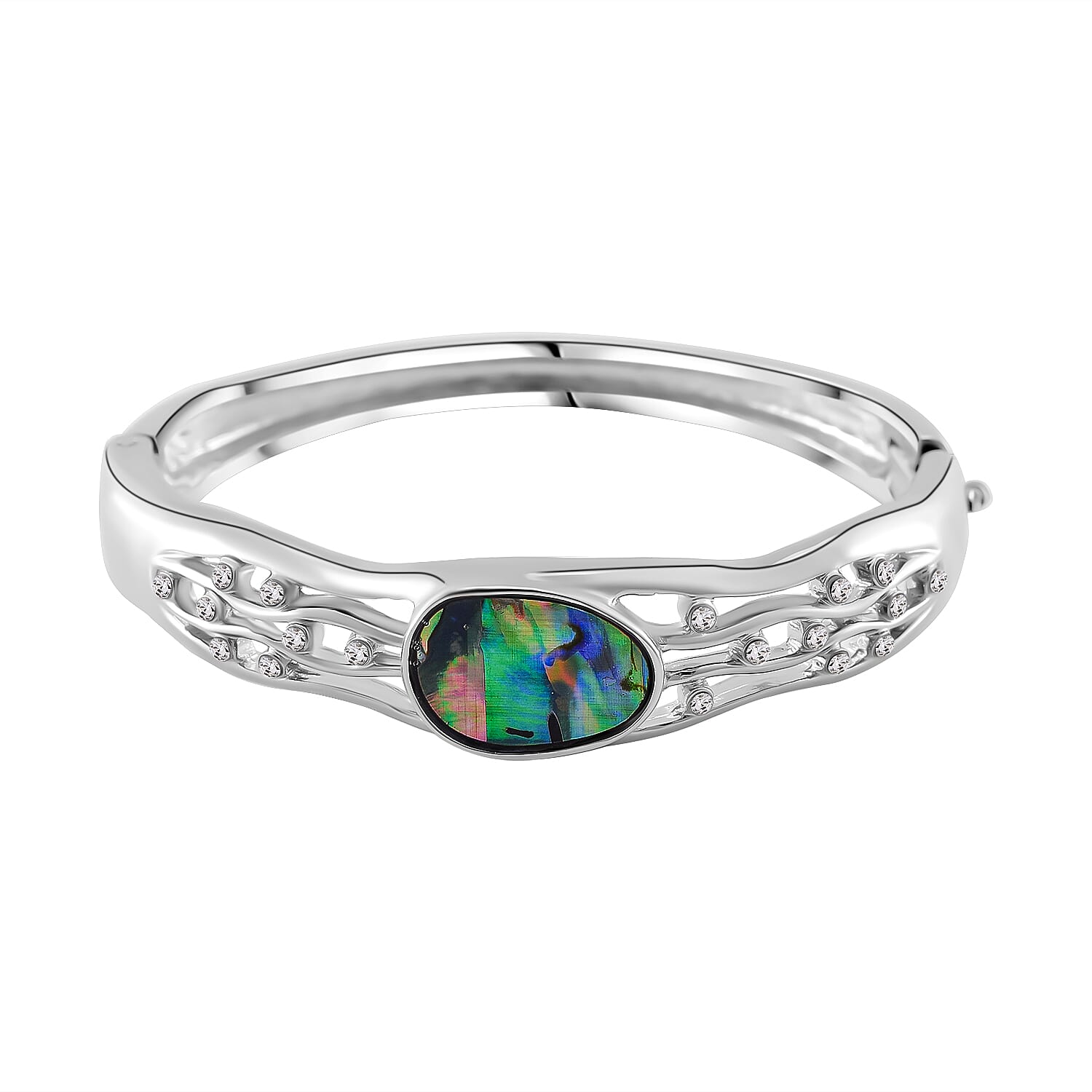 Designer Inspired- Abalone Shell, White Crystal Bangle (Size 7.5)