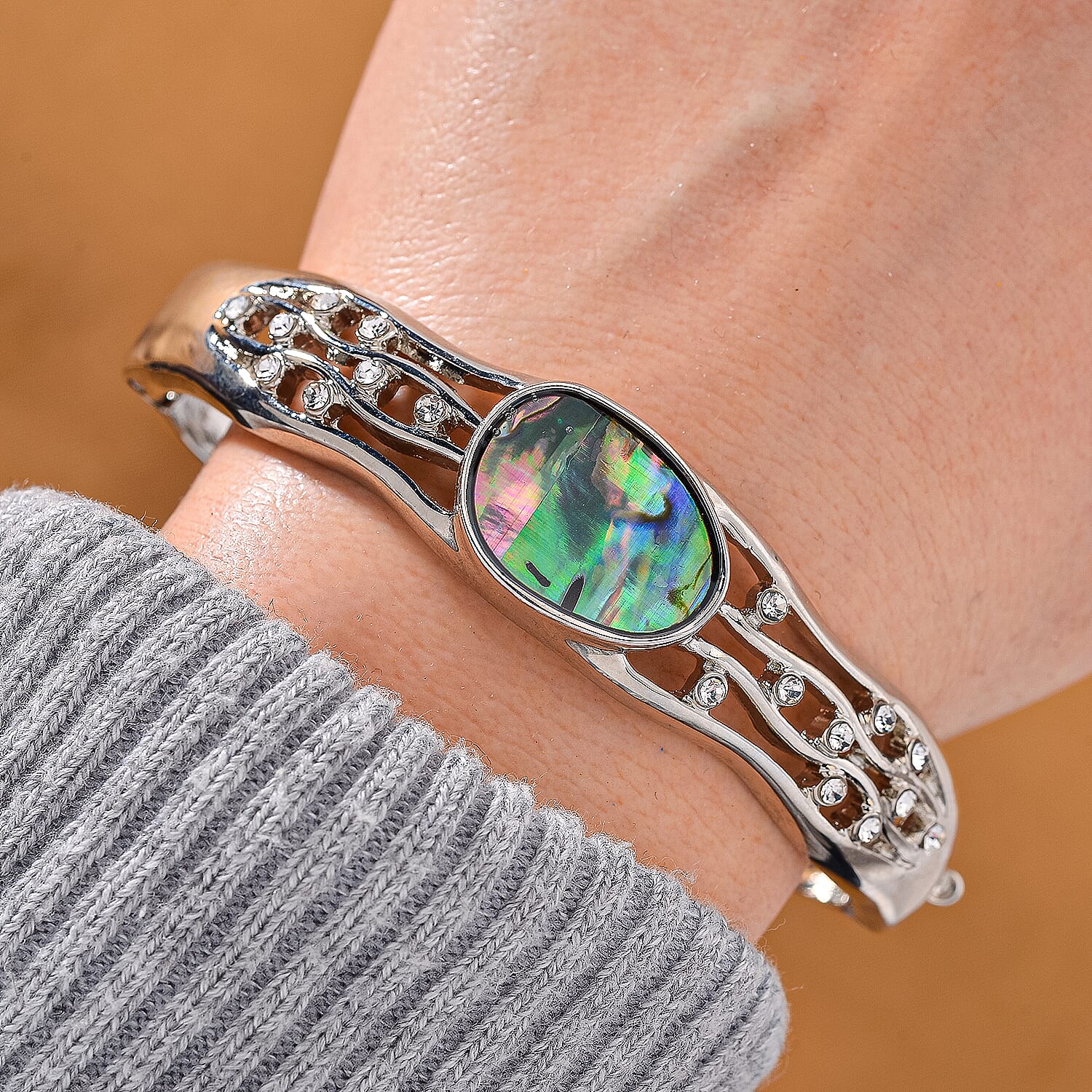Designer Inspired- Abalone Shell, White Crystal Bangle (Size 7.5)