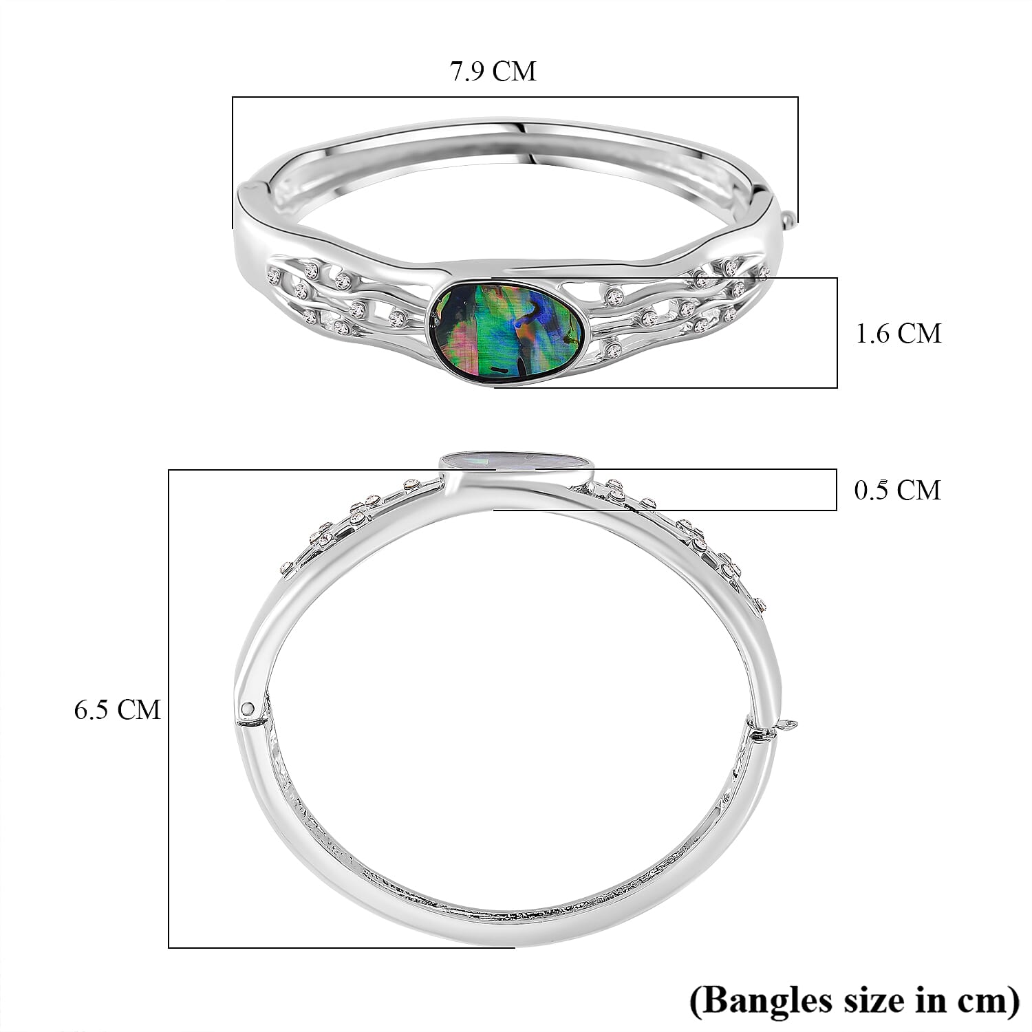 Designer Inspired- Abalone Shell, White Crystal Bangle (Size 7.5)