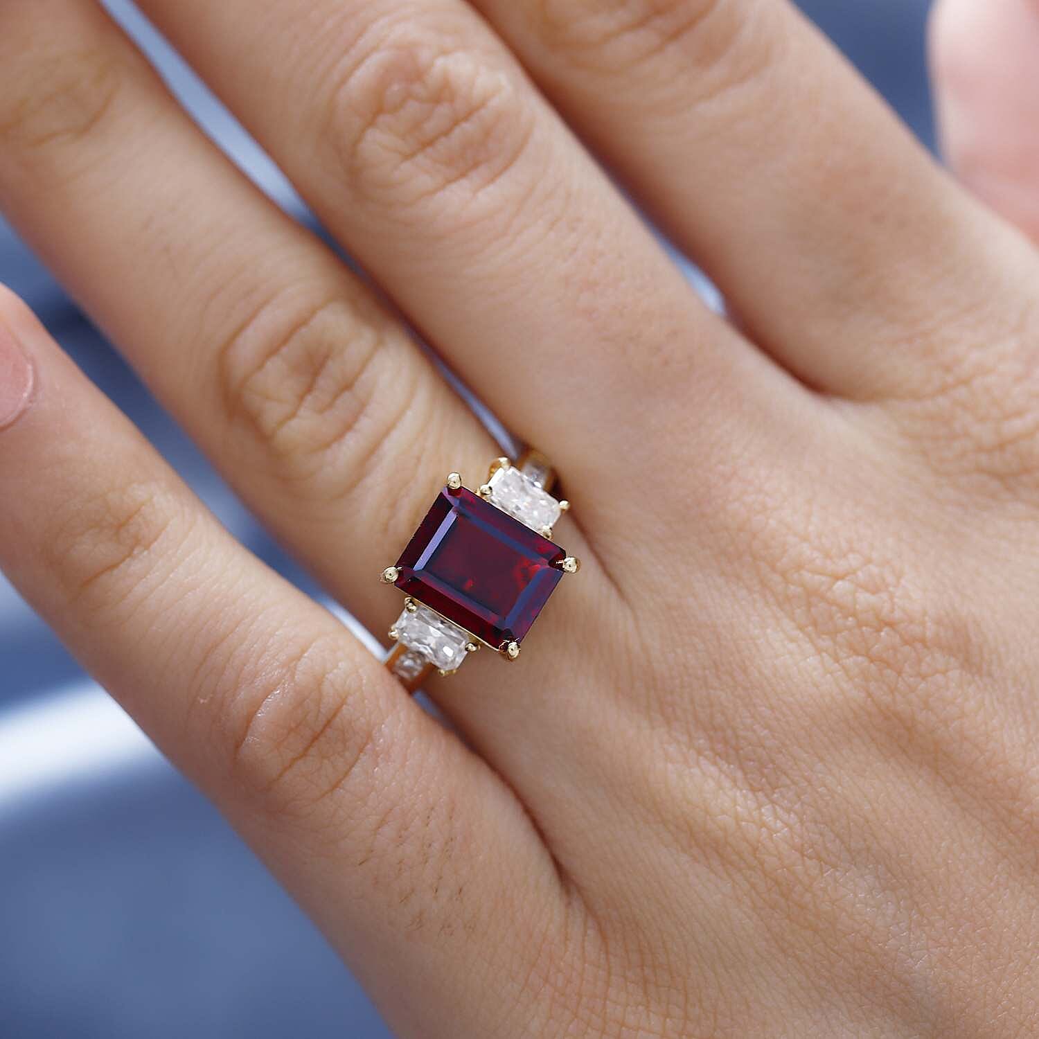 Orissa Natural Rhodolite Garnet & Moissanite Ring in 18K YG Vermeil Plated Sterling Silver 5.11 Ct