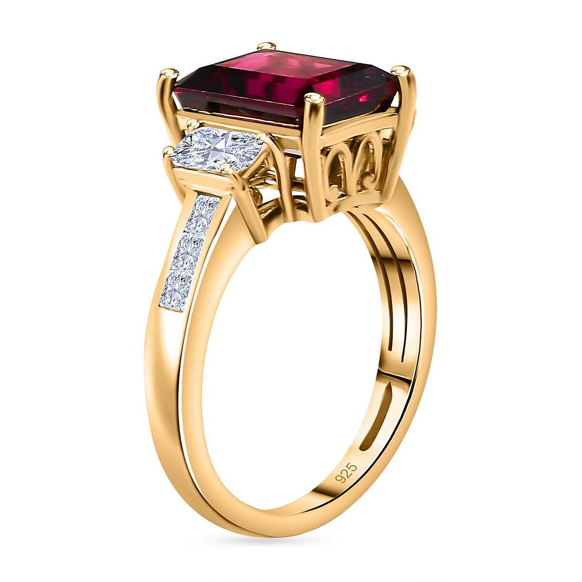 Orissa Natural Rhodolite Garnet & Moissanite Ring in 18K YG Vermeil Plated Sterling Silver 5.11 Ct