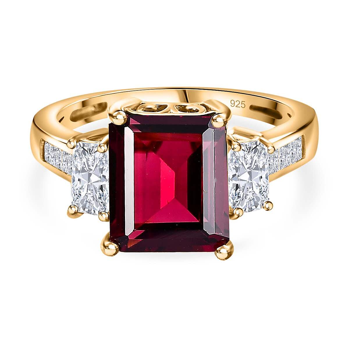 Rhodolite Garnet and Moissanite Ring in 18K Yellow Gold Vermeil Plated Sterling Silver 5.11 Ct