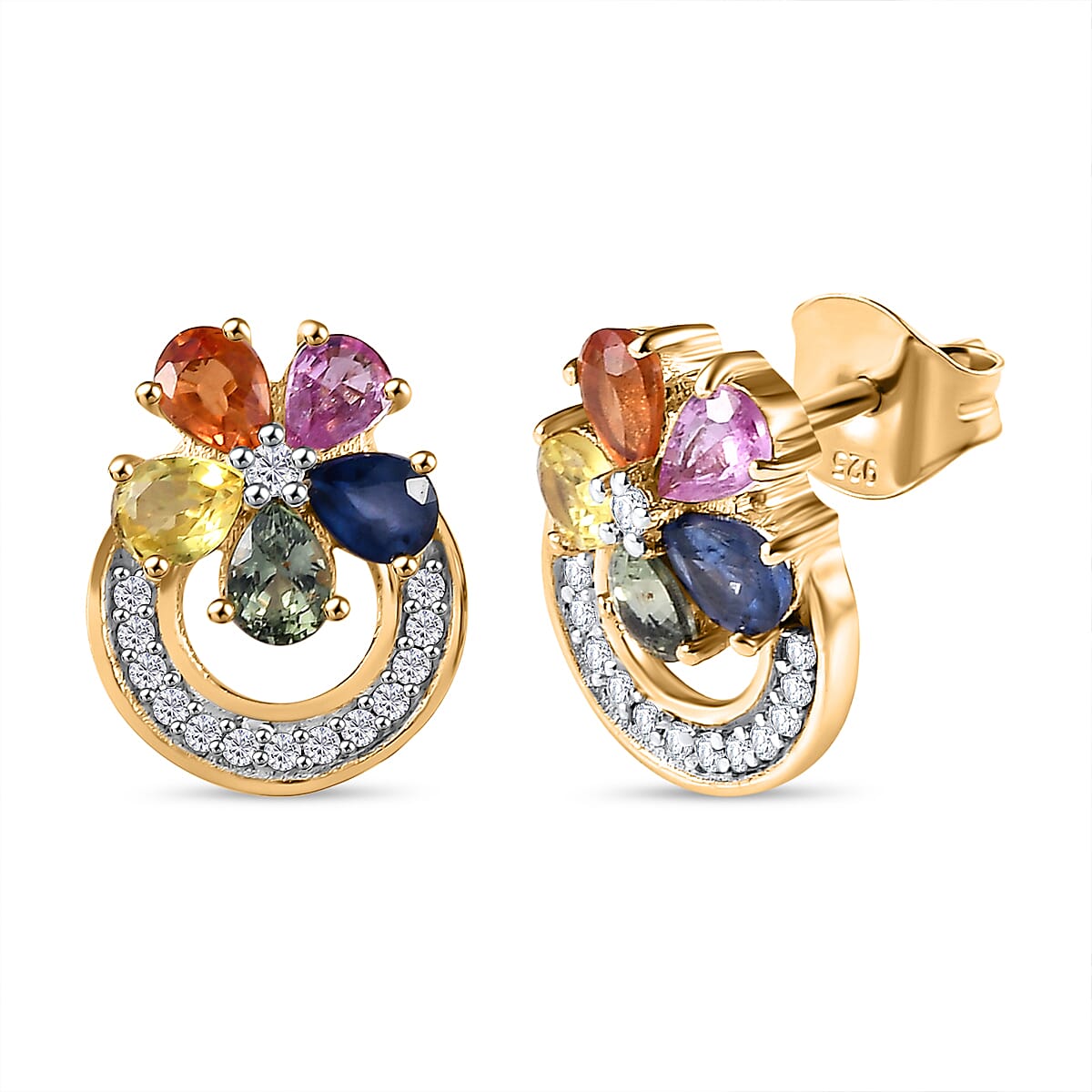 Multi Sapphire & Natural Zircon Stud Earrings With Push Back in 18K  Vermeil Yellow Gold Plated Sterling Silver 2.16 Cts