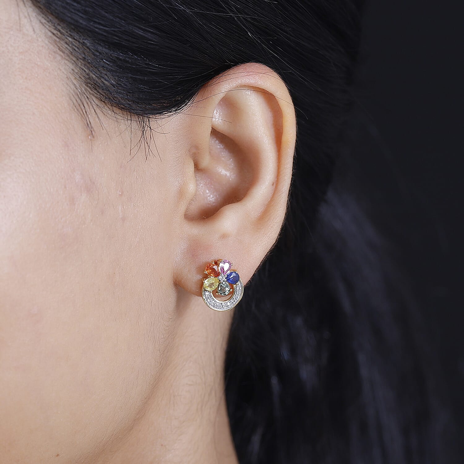 Multi Sapphire & Natural Zircon Stud Earrings With Push Back in 18K  Vermeil Yellow Gold Plated Sterling Silver 2.16 Cts