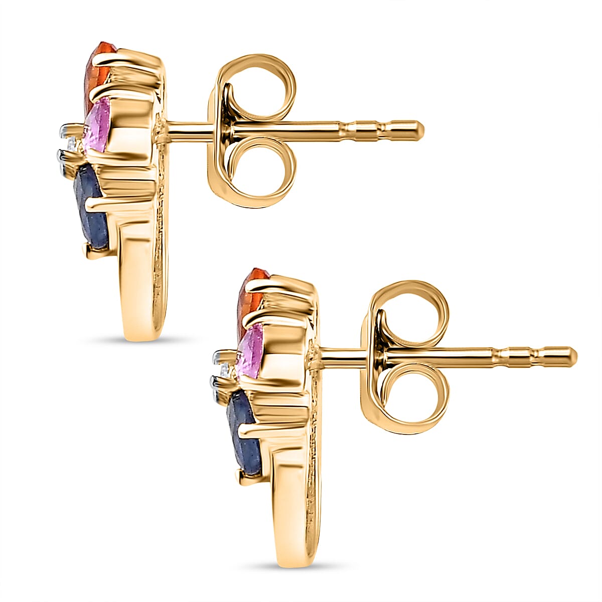Multi Sapphire & Natural Zircon Stud Earrings With Push Back in 18K  Vermeil Yellow Gold Plated Sterling Silver 2.16 Cts