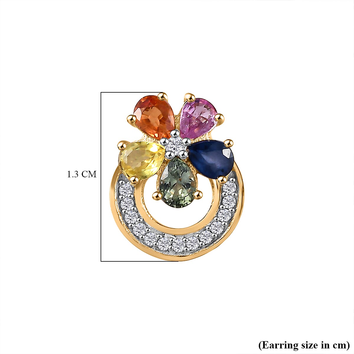 Multi Sapphire & Natural Zircon Stud Earrings With Push Back in 18K  Vermeil Yellow Gold Plated Sterling Silver 2.16 Cts