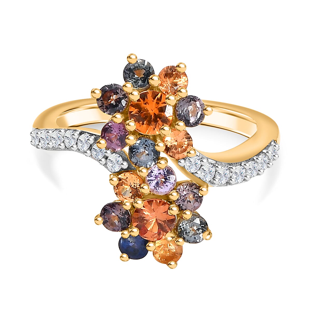 Rainbow Sapphire & Natural Zircon Bypass Ring in 18K Vermeil Yellow Gold Plated Sterling Silver 1.95 Ct. Rainbow Sapphire & Natural Zircon Bypass Ring in 18K Vermeil Yellow Gold Plated Sterling Silver 1.95 Ct.