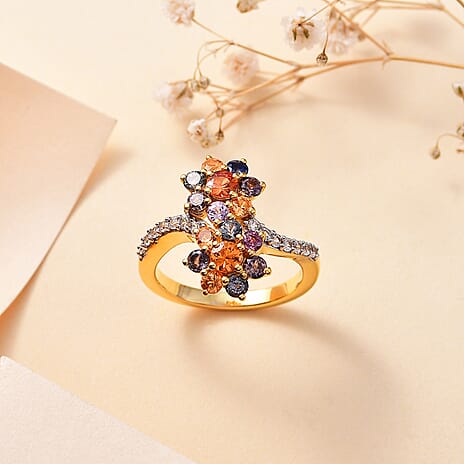 Rainbow Sapphire & Natural Zircon Bypass Ring in 18K YG Vermeil Plated Sterling Silver 1.95 Ct.