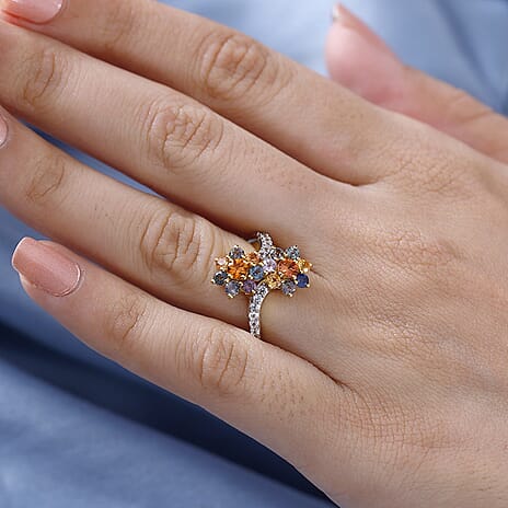 Rainbow Sapphire & Natural Zircon Bypass Ring in 18K YG Vermeil Plated Sterling Silver 1.95 Ct.