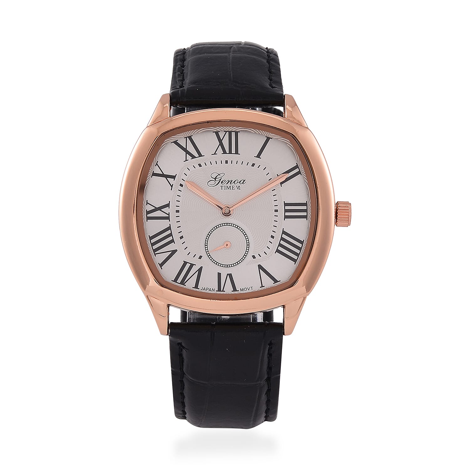 GENOA Japan Movt. 3ATM WR Rose Gold Finish Silver Dial Watch with Black Leather Strap