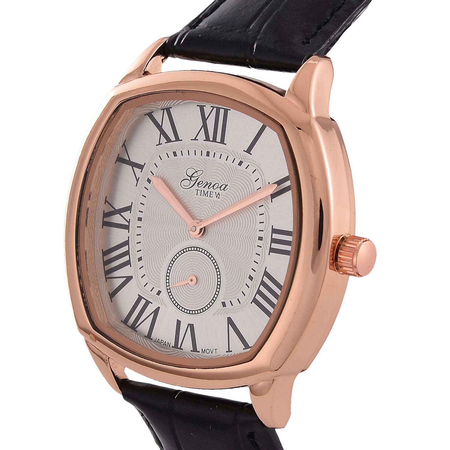 GENOA Japan Movt. 3ATM WR Rose Gold Finish Silver Dial Watch with Black Leather Strap