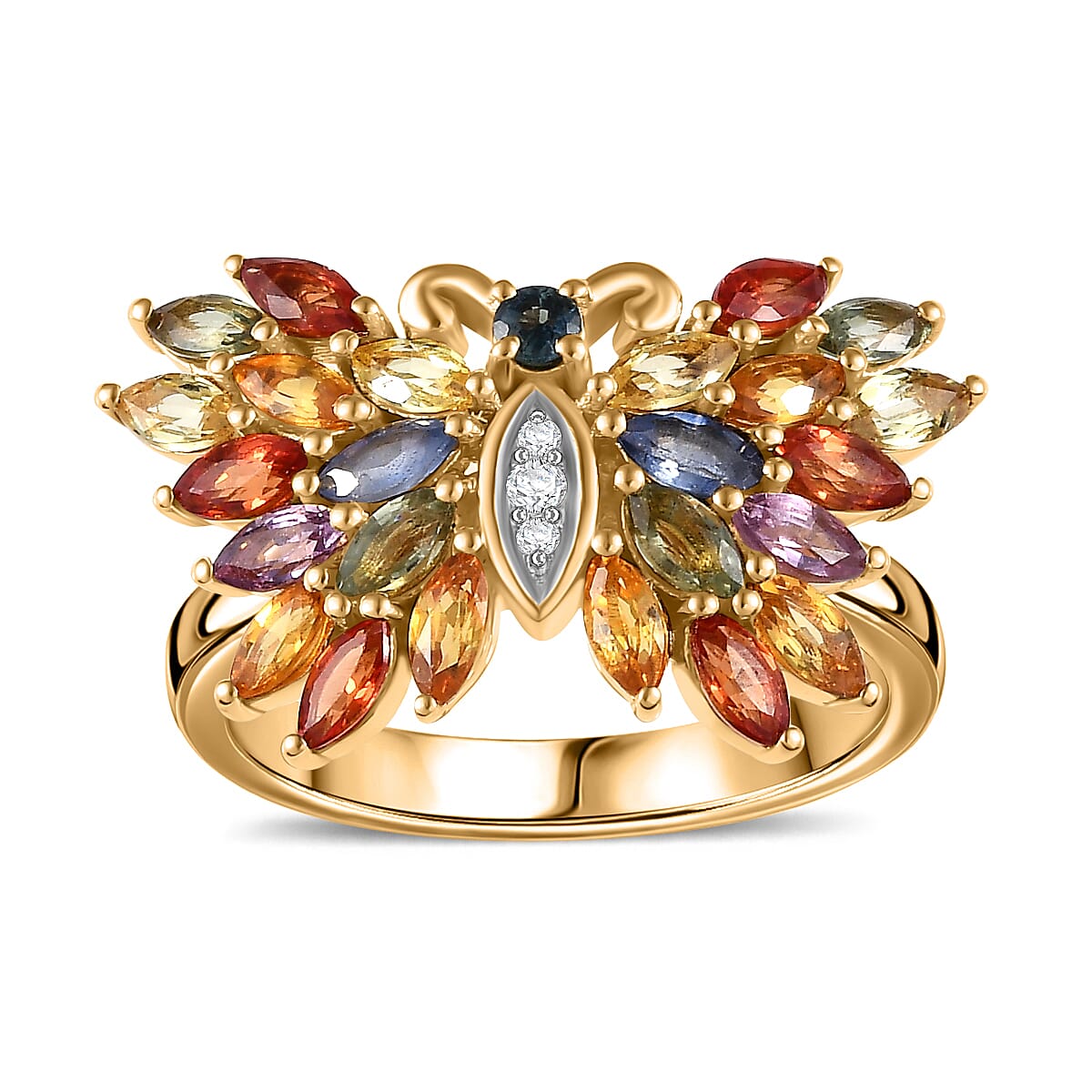 Multi Sapphire, Natural Zircon Marquee Ring in 18K Vermeil Plated Sterling Silver 2.66 Ct