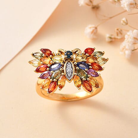 Multi Sapphire, Natural Zircon Marquee Ring in 18K Vermeil Plated Sterling Silver 2.66 Ct