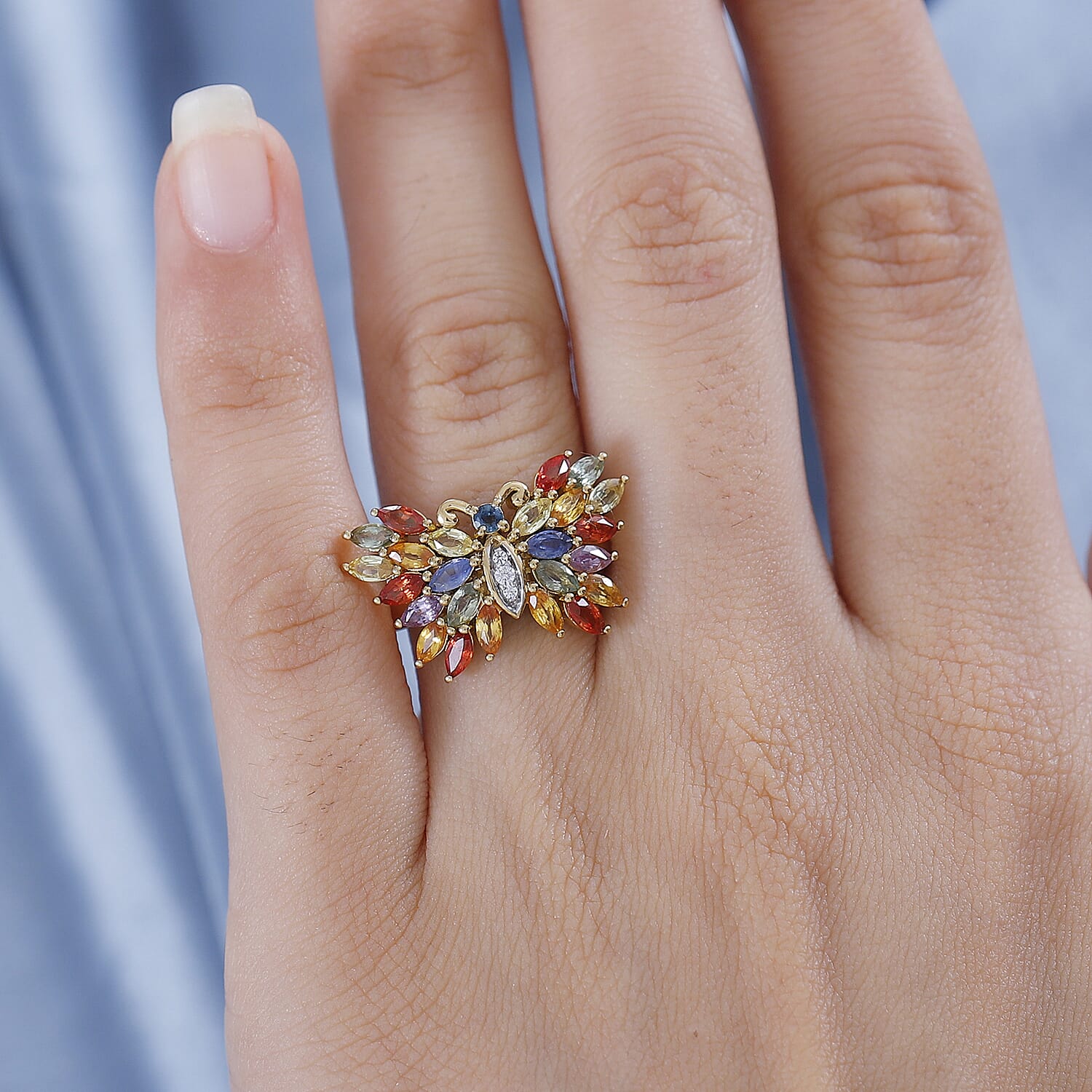 Multi Sapphire, Natural Zircon Marquee Ring in 18K Vermeil Plated Sterling Silver 2.66 Ct