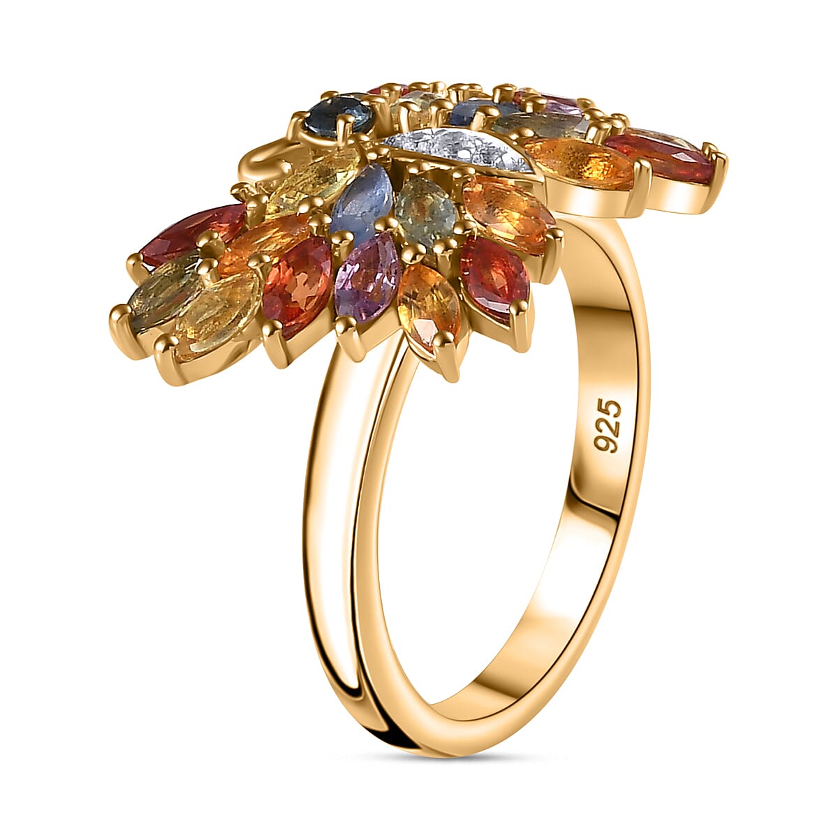 Multi Sapphire, Natural Zircon Marquee Ring in 18K Vermeil Plated Sterling Silver 2.66 Ct