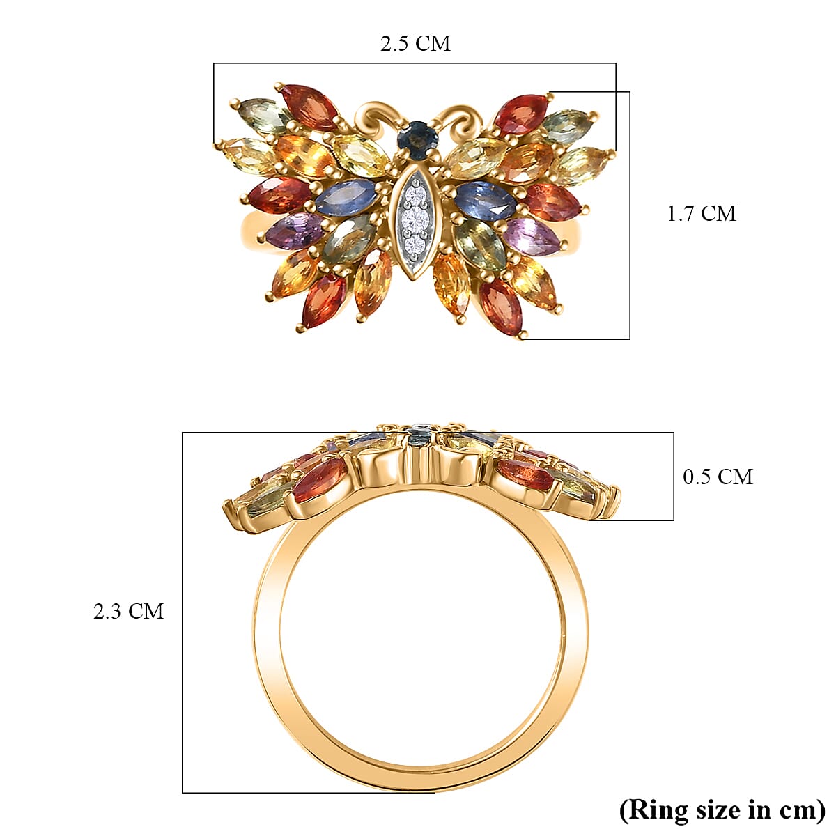 Multi Sapphire, Natural Zircon Marquee Ring in 18K Vermeil Plated Sterling Silver 2.66 Ct