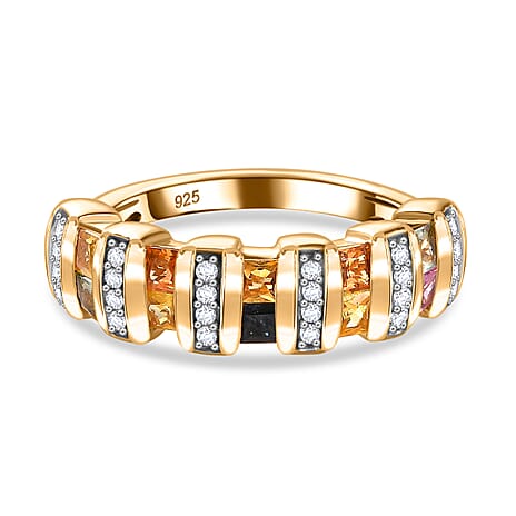 Multi Sapphire & Natural Zircon Band Ring in 18K Vermeil Yellow Gold Plated Sterling Silver 1.38 Ct