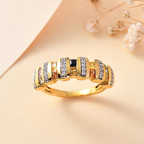 Multi Sapphire & Natural Zircon Band Ring in 18K Vermeil Yellow Gold Plated Sterling Silver 1.38 Ct