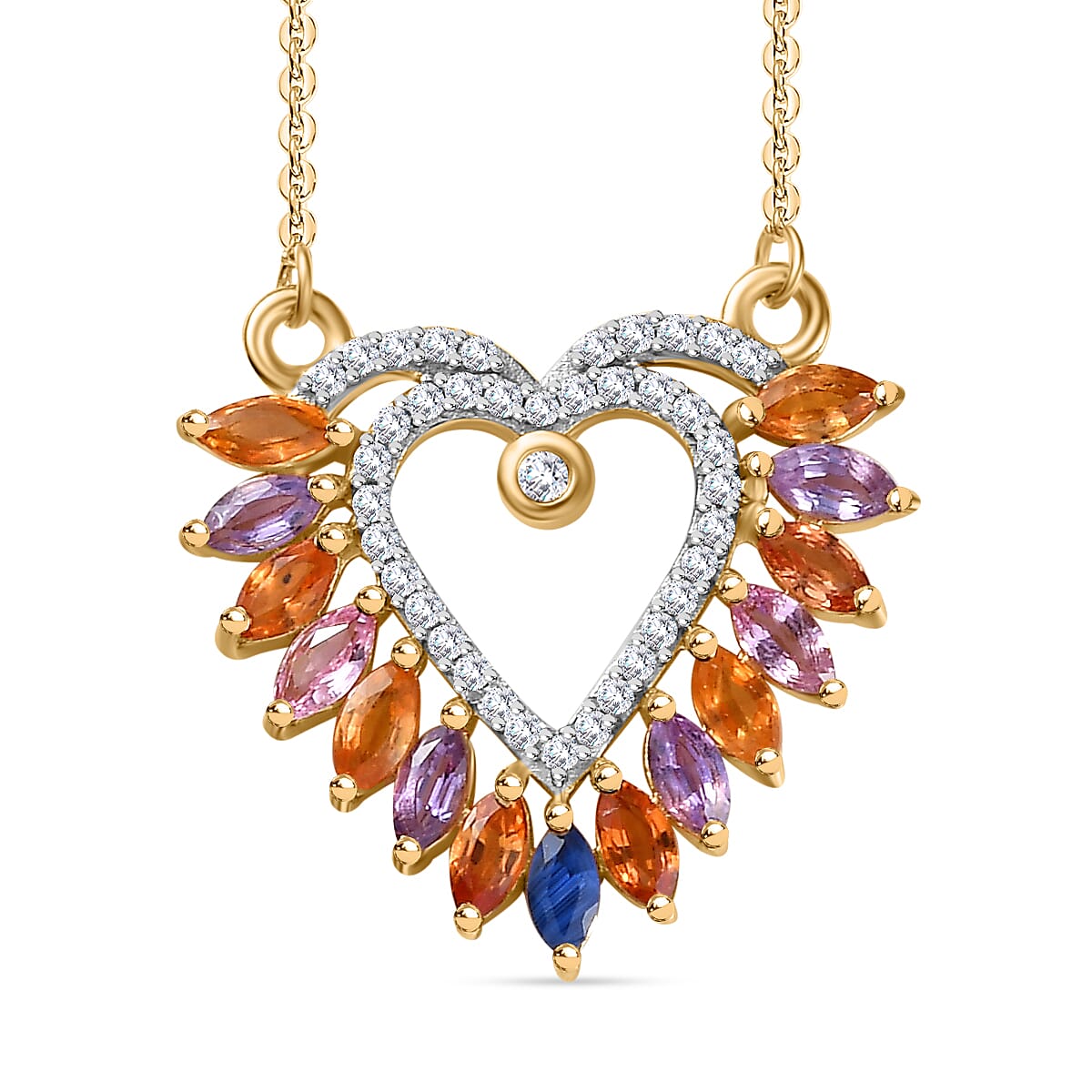 Rainbow Sapphire & Natural Zircon Heart Necklace (Size - 20) in 18K Vermeil Yellow Gold Plated Sterling Silver 1.91 Ct.