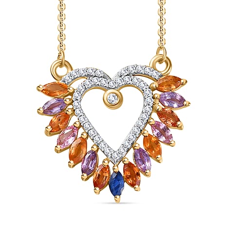 Rainbow Sapphire & Natural Zircon Heart Necklace (Size - 20) in 18K Vermeil Yellow Gold Plated Sterling Silver 1.91 Ct.