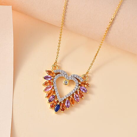 Rainbow Sapphire & Natural Zircon Heart Necklace (Size - 20) in 18K Vermeil Yellow Gold Plated Sterling Silver 1.91 Ct.