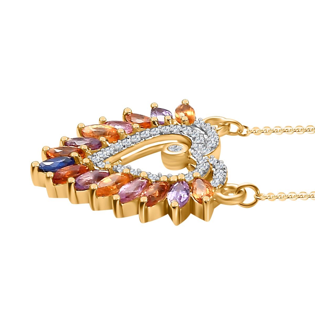 Rainbow Sapphire & Natural Zircon Heart Necklace (Size - 20) in 18K Vermeil Yellow Gold Plated Sterling Silver 1.91 Ct.