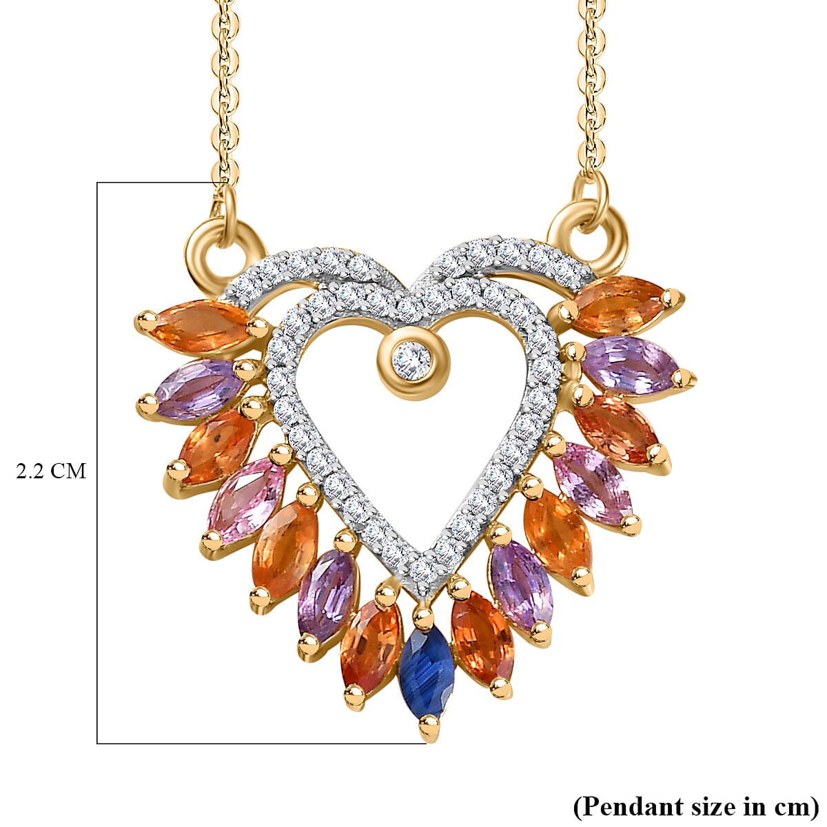 Rainbow Sapphire & Natural Zircon Heart Necklace (Size - 20) in 18K Vermeil Yellow Gold Plated Sterling Silver 1.91 Ct.