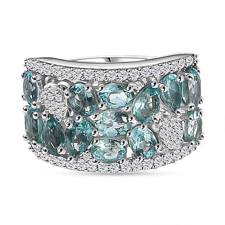 Blue Apatite, White Zircon Cluster Ring in Rhodium Overlay Sterling Silver, 3.354  Ct.