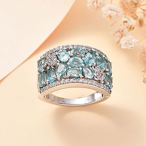 Blue Apatite ,  White Zircon  Cluster Ring in rhodium Sterling Silver 3.24 ct  3.354  Ct.