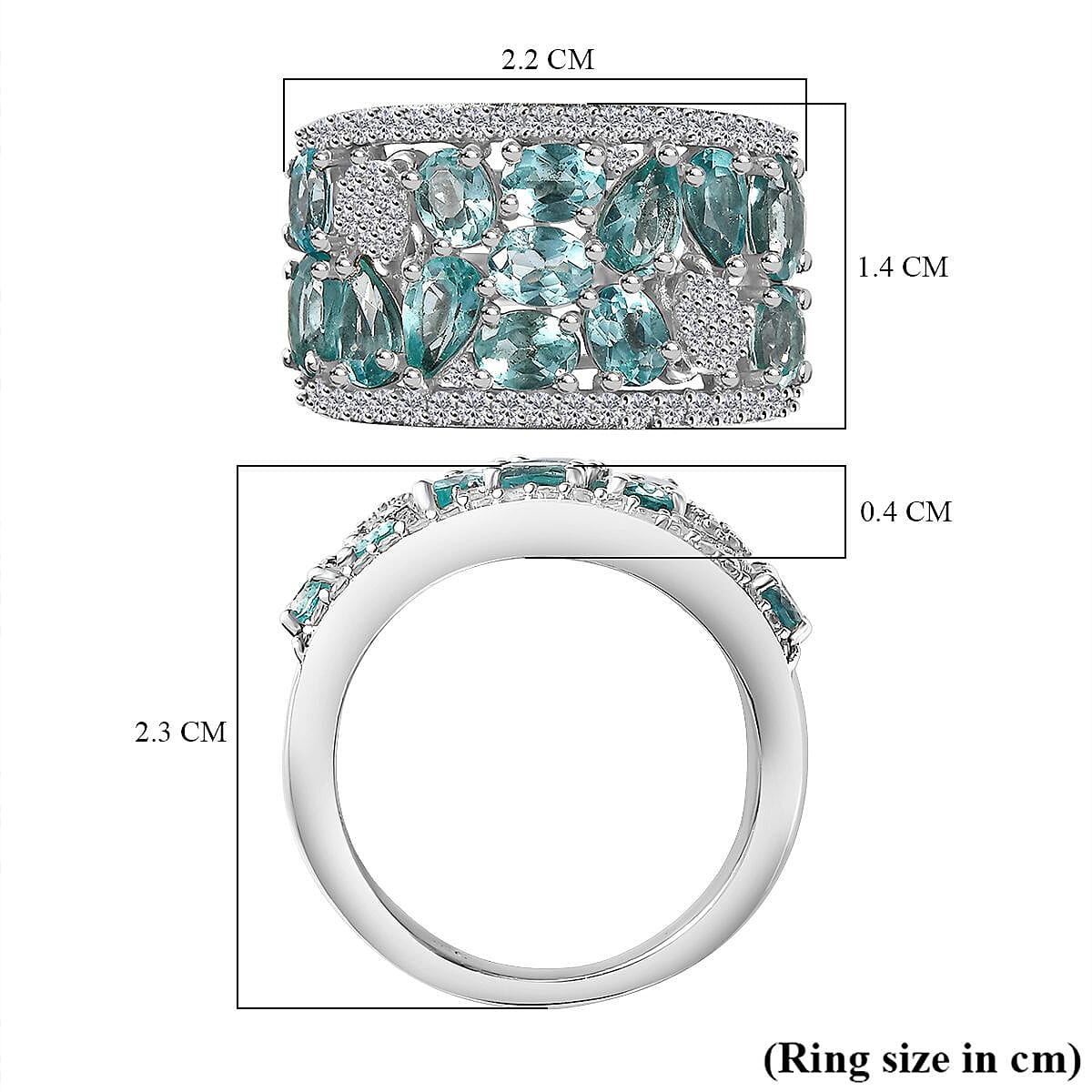 Blue Apatite , White Zircon Cluster Ring in rhodium Sterling Silver 3.24 ct 3.354 Ct. Blue Apatite , White Zircon Cluster Ring in rhodium Sterling Silver 3.24 ct 3.354 Ct.