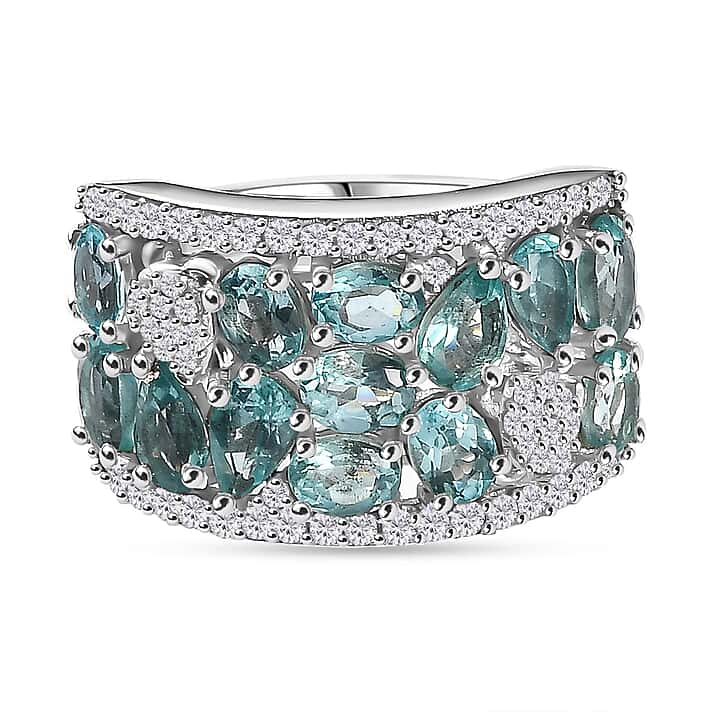Blue Apatite, White Zircon Cluster Ring in Rhodium Overlay Sterling Silver, 3.354 Ct.