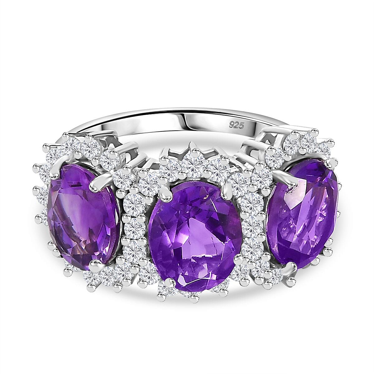 Moroccan Amethyst & Natural Zircon Ring in Rhodium Overlay Sterling Silver 6.72 Ct.