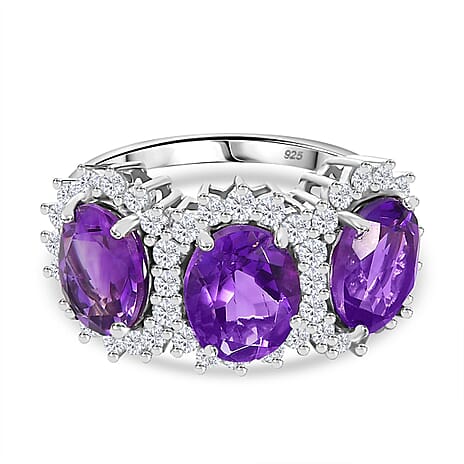 Moroccan Amethyst & Natural Zircon Ring in Rhodium Overlay Sterling Silver 6.72 Ct.