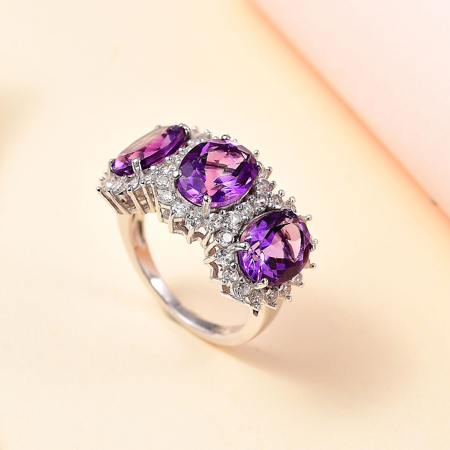 Moroccan Amethyst & Natural Zircon Ring in Rhodium Overlay Sterling Silver 6.72 Ct.