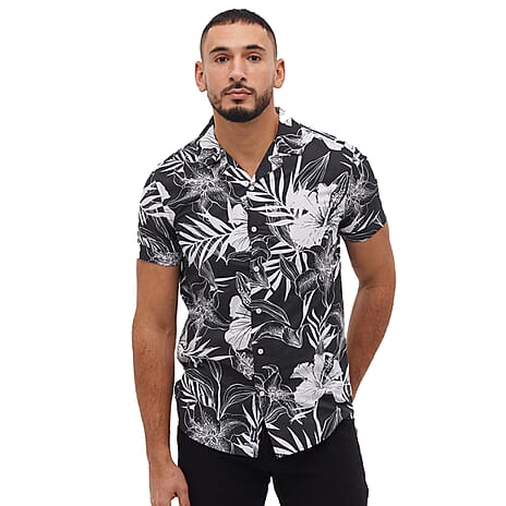 Bench 100% Cotton SS DEXUS Floral - Leaf Printed Mens Short Sleeve Shirt (Size L) - Black