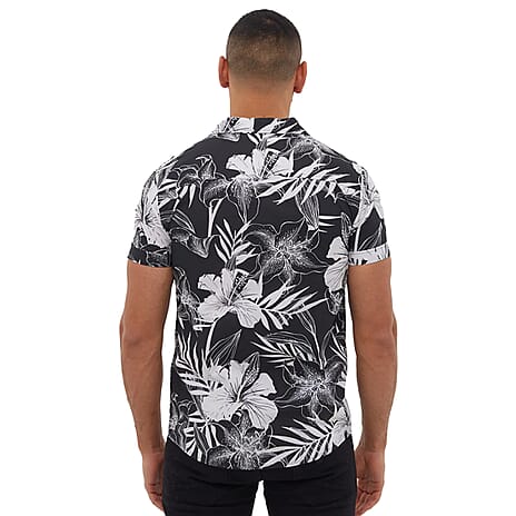 Bench 100% Cotton SS DEXUS Floral - Leaf Printed Mens Short Sleeve Shirt (Size L) - Black