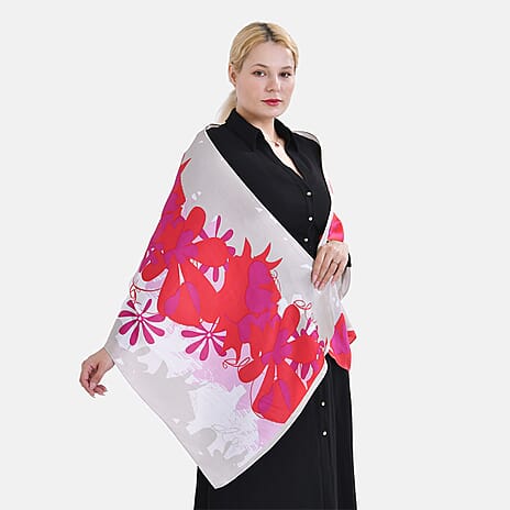 La Marey 100% Mulberry Silk Flower Printed Scarf (Size 175x55cm) - White & Red