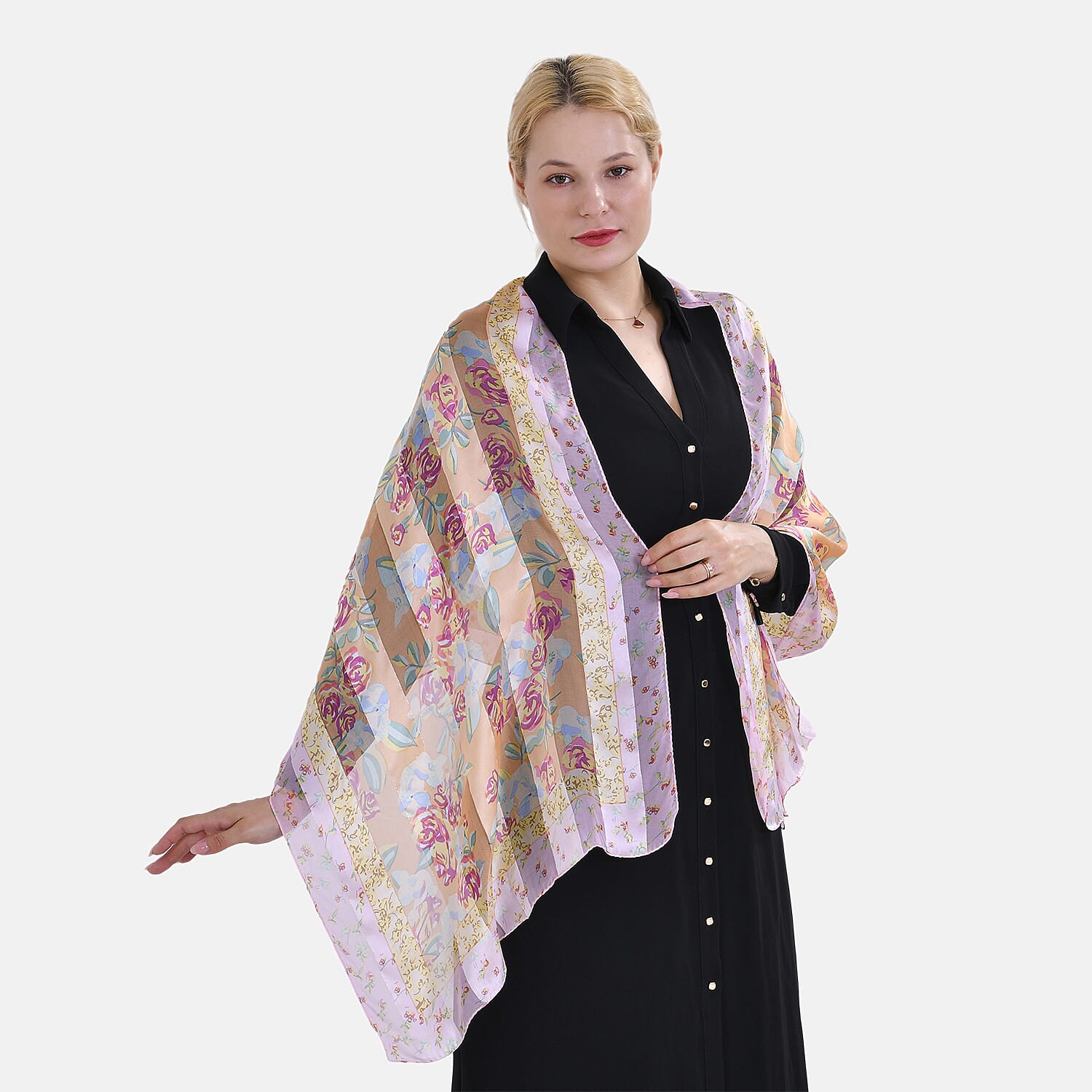 La Marey 100% Mulberry Silk Flower Printed Scarf (Size 175x55cm) - Multicolor