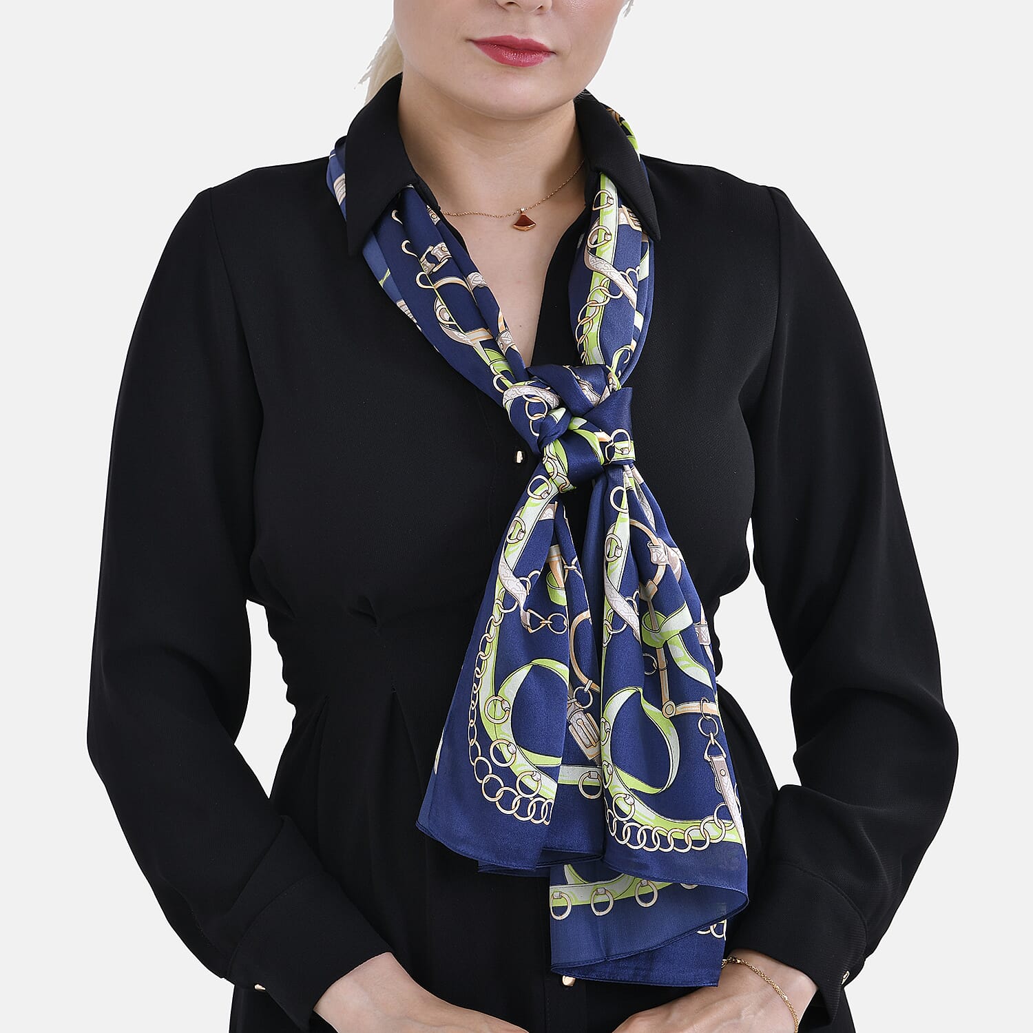 La Marey 100% Mulberry Silk Printed Scarf (Size 175x55 cm) - Blue & Green