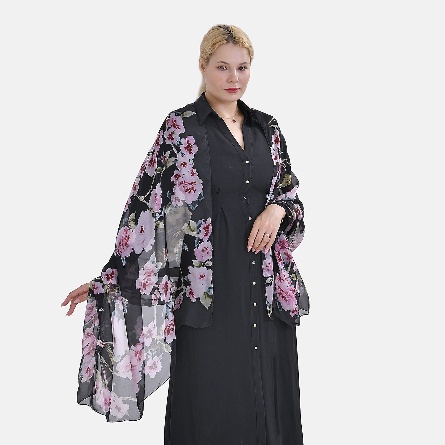 La Marey Mulberry Silk Flower Scarf (Size 175x1 cm) - Blue & Multicolor